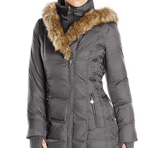 Women's Mid-Length Puffer Coat with Faux-Fur Hood